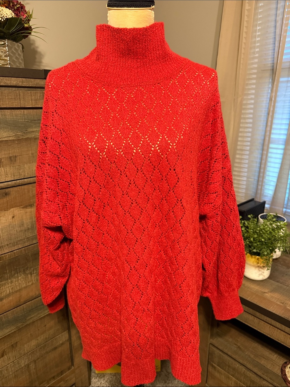 Wonderly Red Openwork Diamond Turtleneck Sweater